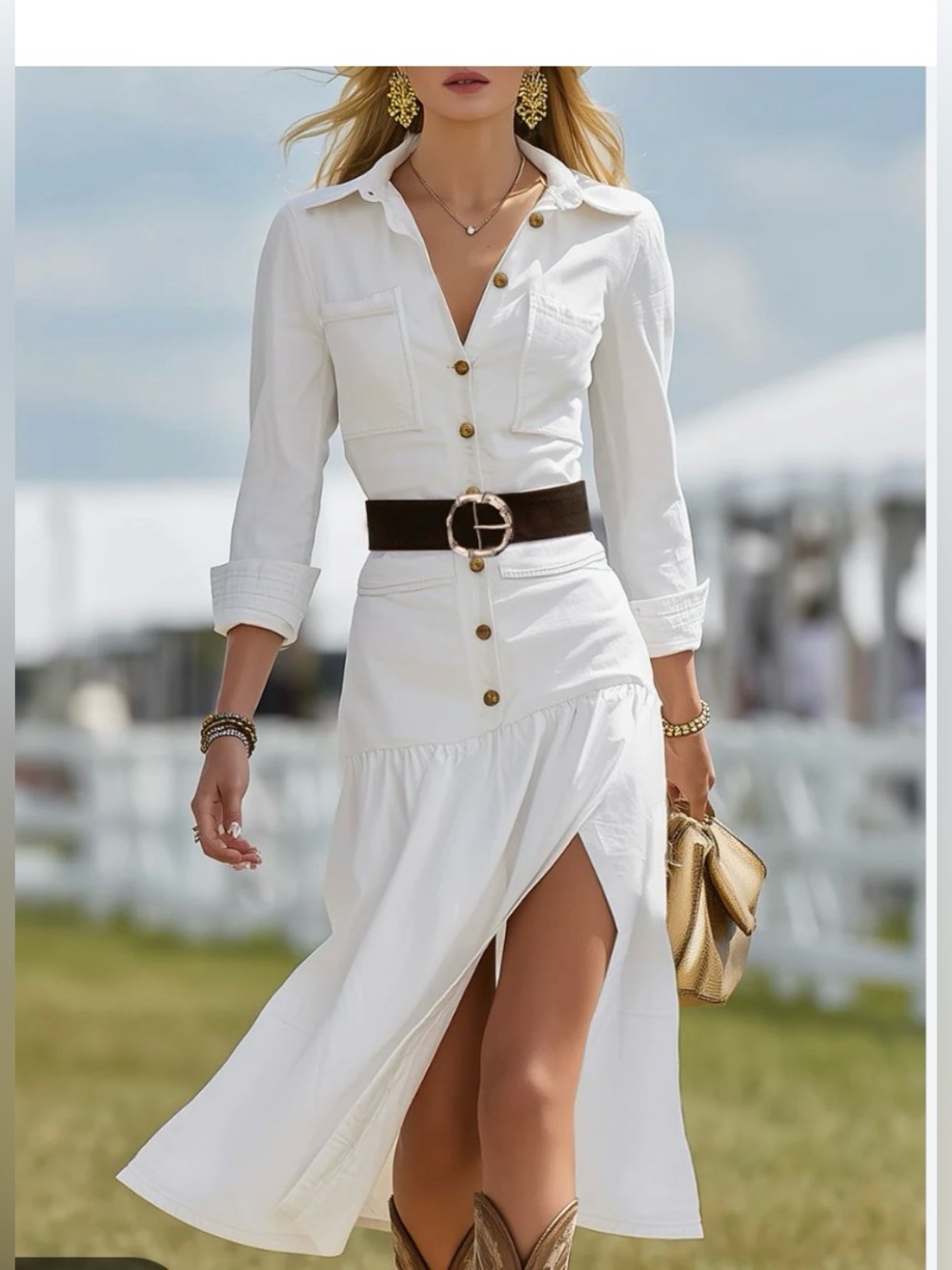 Ourosy women’s Sz S Button front shirt high Slit Midi Dress summer western rodeo